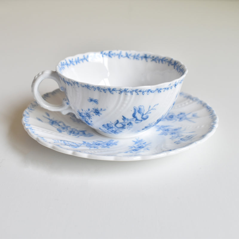 Antique Cup & Saucer Sarreguemines Perles Fleurs Bleues B