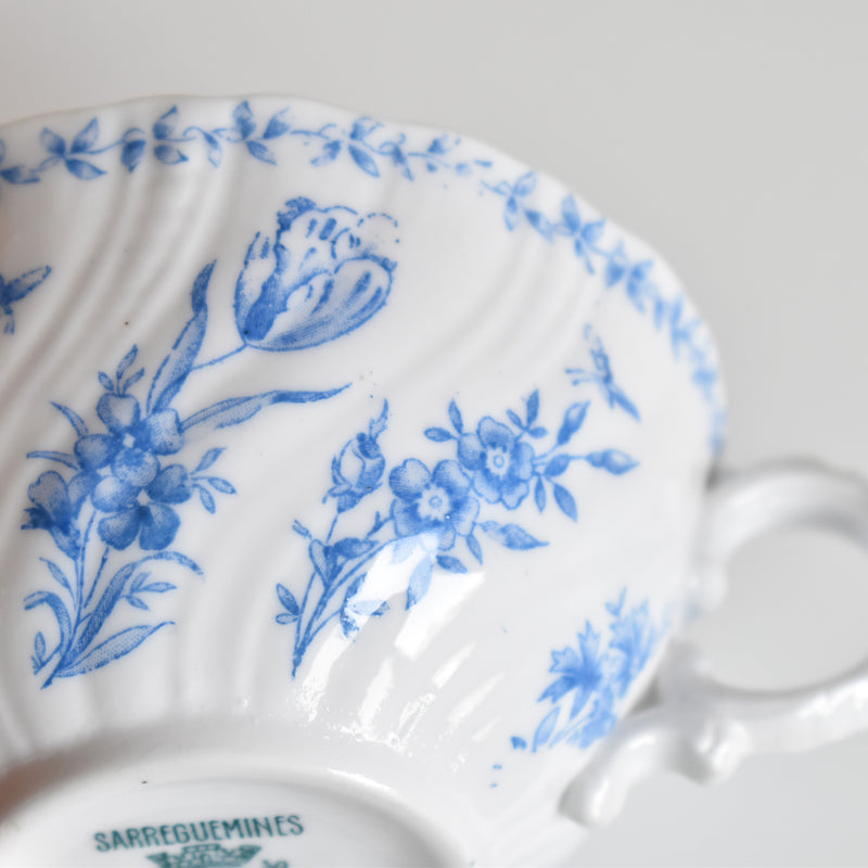 Antique Cup & Saucer Sarreguemines Perles Fleurs Bleues A