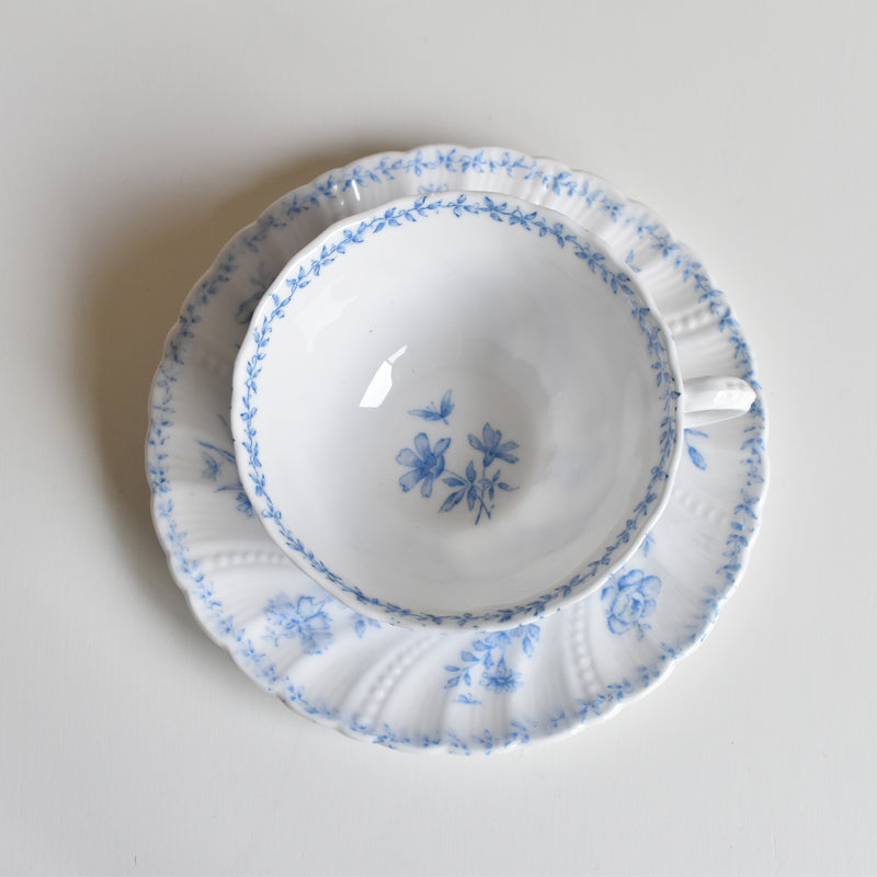 Antique Cup & Saucer Sarreguemines Perles Fleurs Bleues B