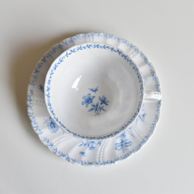 Antique Cup & Saucer Sarreguemines Perles Fleurs Bleues C