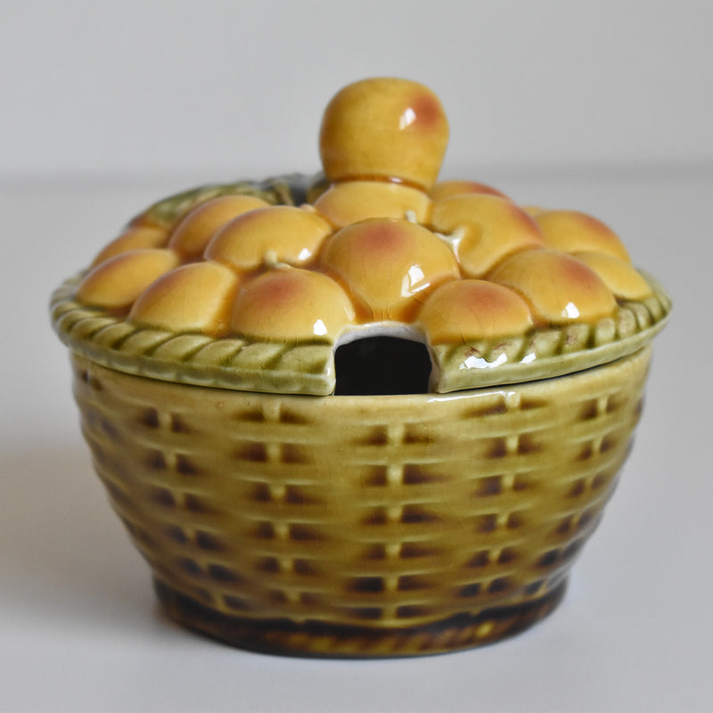 Vintage Barbotine Jam Pot with Spoon, Digoin & Sarreguemines, Mirabelle