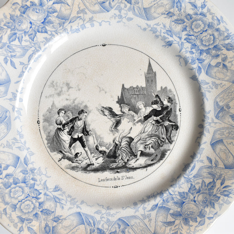 Antique dessert plate U&C Sarreguemines 1855 "Les feux de la St-Jean"