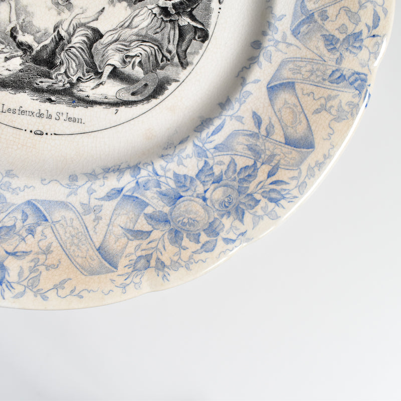 Antique dessert plate U&C Sarreguemines 1855 "Les feux de la St-Jean"