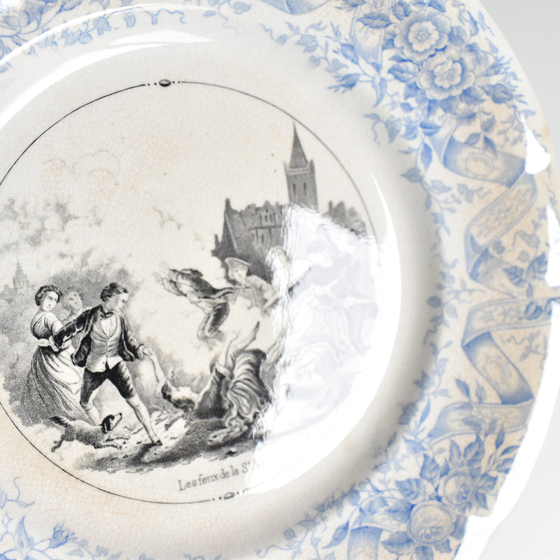 Antique dessert plate U&C Sarreguemines 1855 "Les feux de la St-Jean"