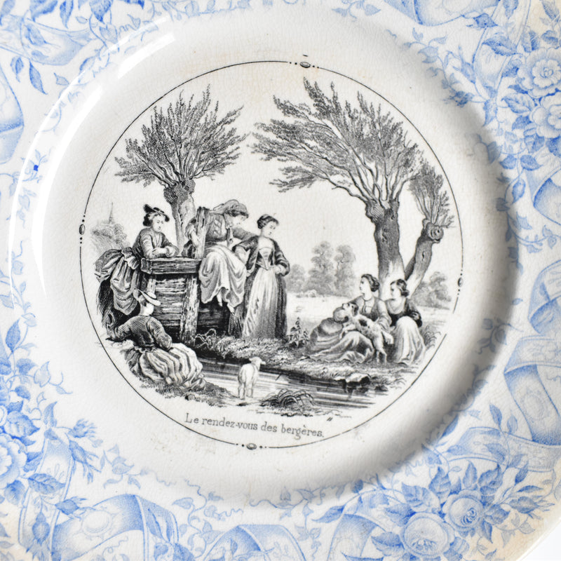 Antique Dessert Plate, U&C Sarreguemines, 1855, "Le rendez-vous des bergères"