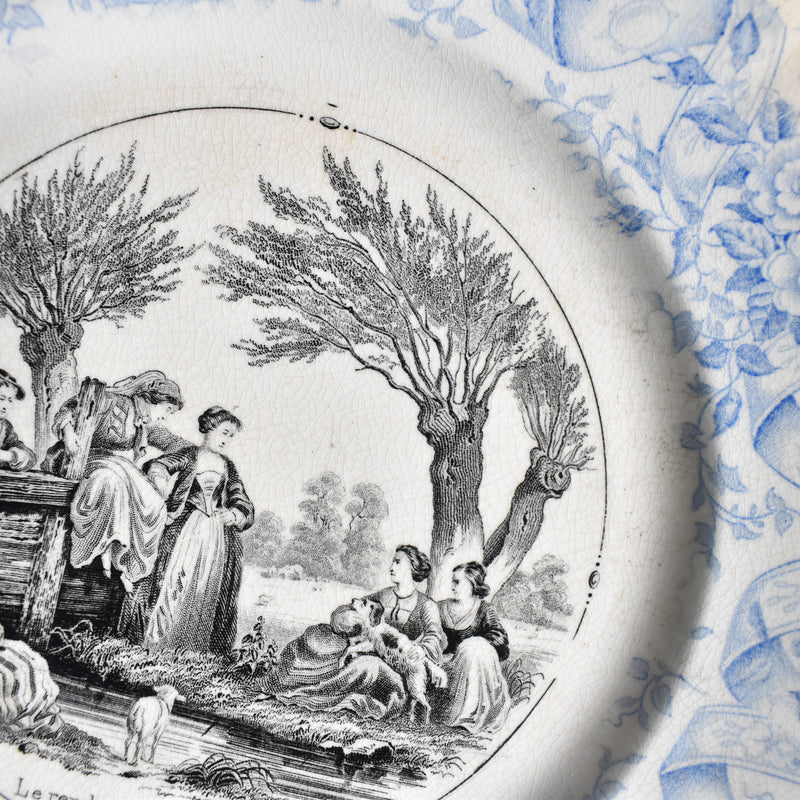 Antique Dessert Plate, U&C Sarreguemines, 1855, "Le rendez-vous des bergères"