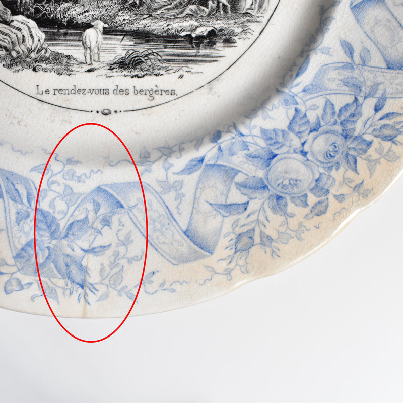 Antique Dessert Plate, U&C Sarreguemines, 1855, "Le rendez-vous des bergères"
