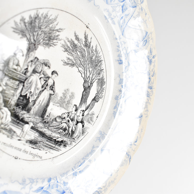 Antique Dessert Plate, U&C Sarreguemines, 1855, "Le rendez-vous des bergères"