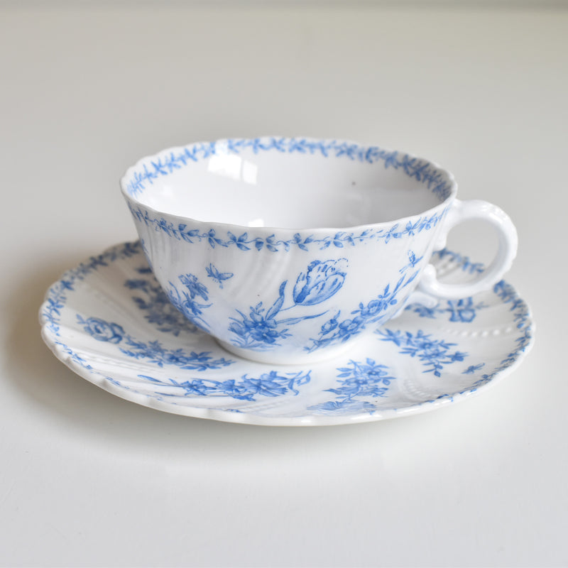 Antique Cup & Saucer Sarreguemines Perles Fleurs Bleues A