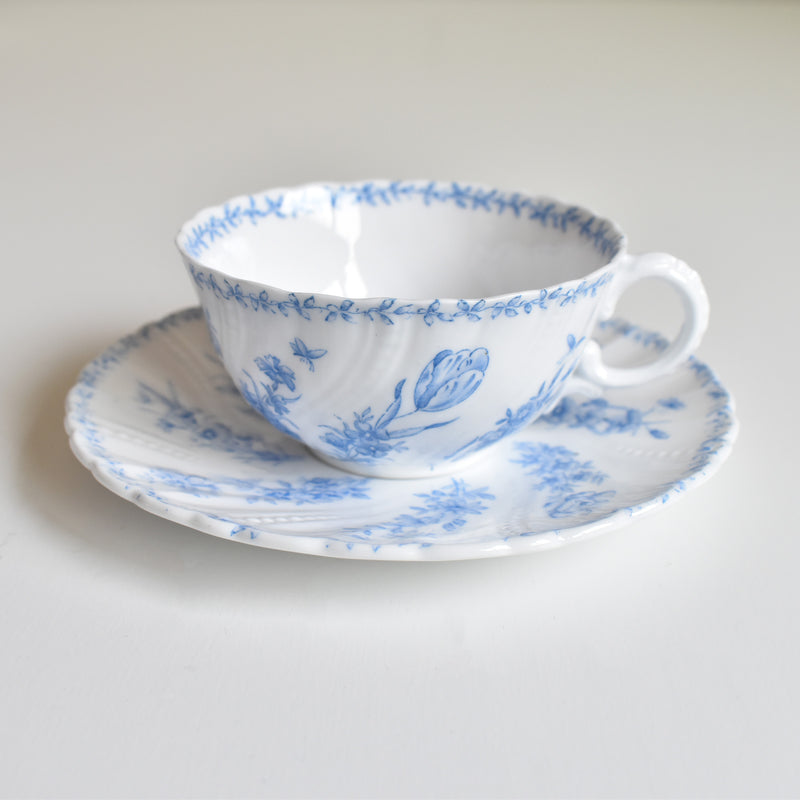Antique Cup & Saucer Sarreguemines Perles Fleurs Bleues B