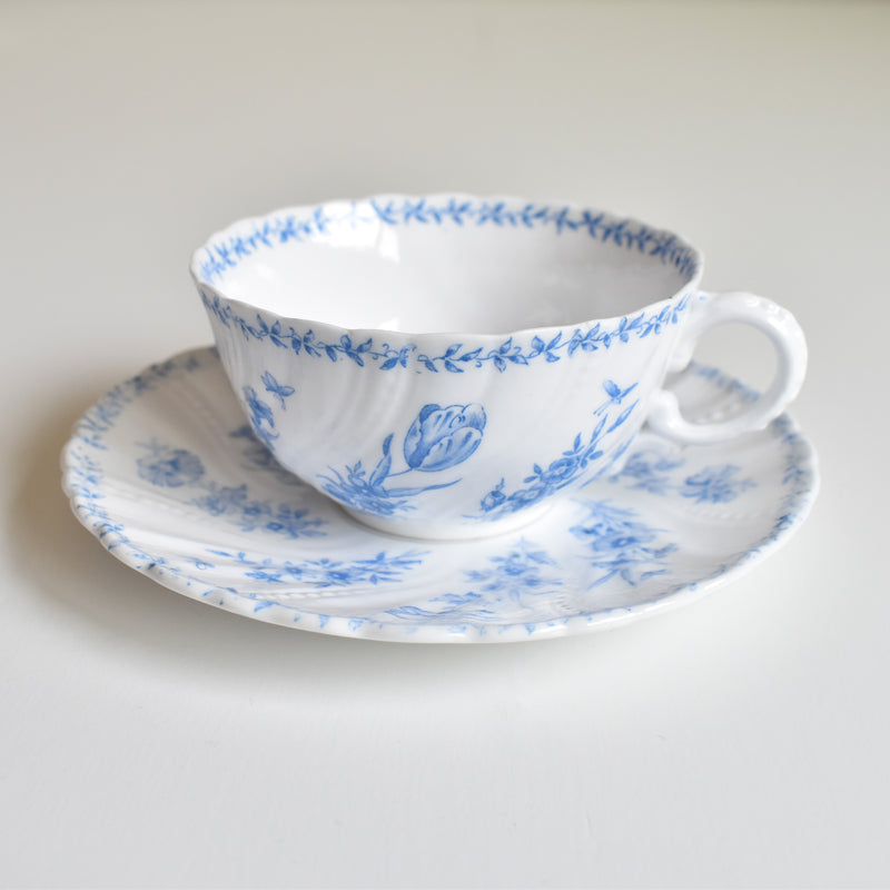 Antique Cup & Saucer Sarreguemines Perles Fleurs Bleues C