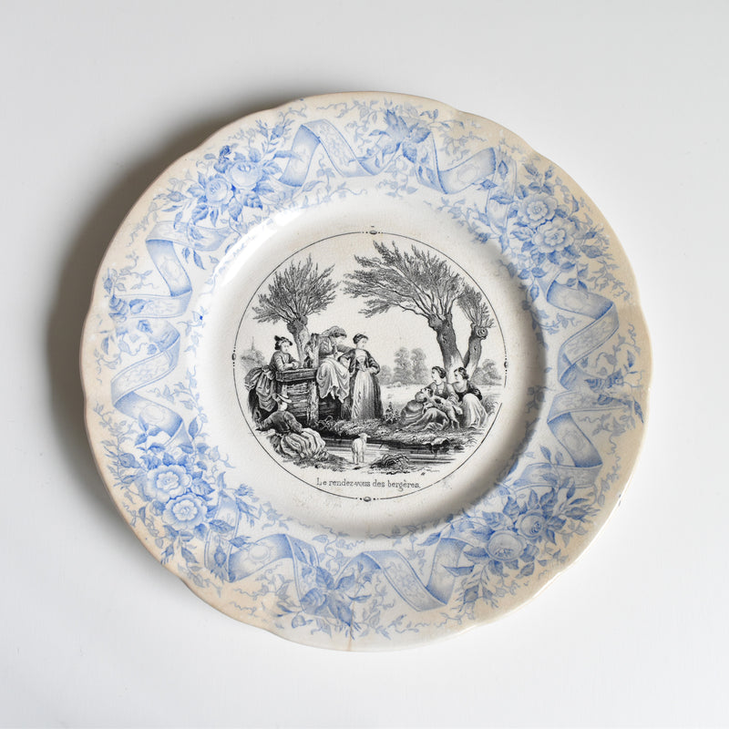 Antique Dessert Plate, U&C Sarreguemines, 1855, "Le rendez-vous des bergères"