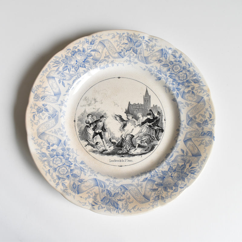 Antique dessert plate U&C Sarreguemines 1855 "Les feux de la St-Jean"