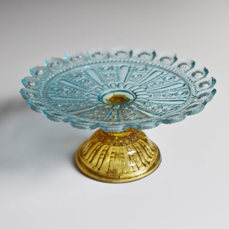 Antique Glass Dessert Coupe Portieux Blue & Amber